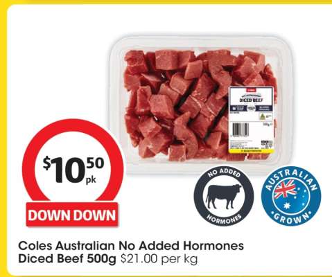 Coles Australian No Added Hormones Diced Beef 500g