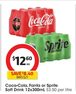 Coca-Cola, Fanta or Sprite Soft Drink 12x300mL