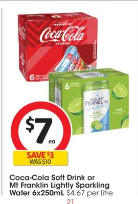 Coca-Cola Soft Drink or Mt Franklin Lightly Sparkling Water 6x250mL
