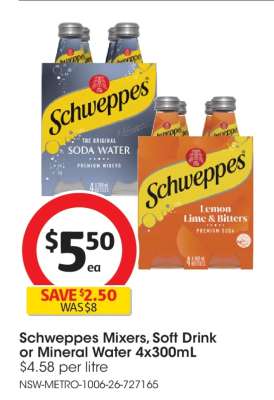 Schweppes Mixers, Soft Drink or Mineral Water 4x300mL