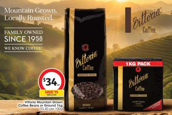 Vittoria Mountain Grown Coffee Beans or Ground 1kg