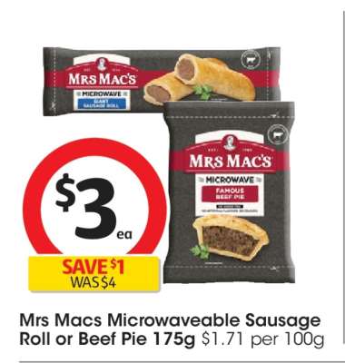 Mrs Macs Microwaveable Sausage Roll or Beef Pie 175g