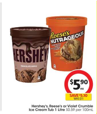 Hershey's, Reese's or Violet Crumble Ice Cream Tub