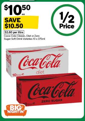 Coca-Cola Classic, Diet or Zero Sugar Soft Drink Varieties 10 x 375ml