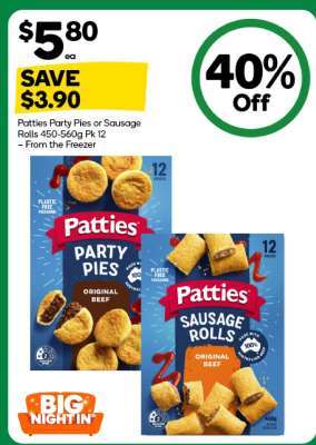 Patties Party Pies or Sausage Rolls 450-560g Pk 12