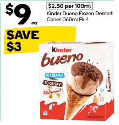 Kinder Bueno Frozen Dessert Cones 360ml Pk 4