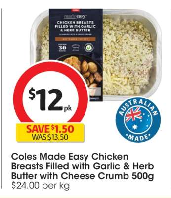 Coles Made Easy Chicken Breasts Filled with Garlic & Herb Butter with Cheese Crumb 500g