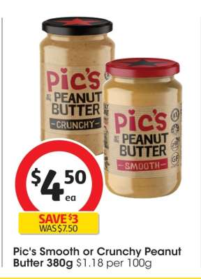 Pic's Smooth or Crunchy Peanut Butter 380g