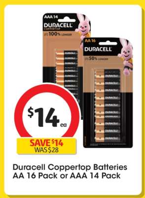 Duracell Coppertop Batteries AA 16 Pack or AAA 14 Pack