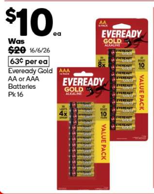 Eveready Gold AA or AAA Batteries Pk 16