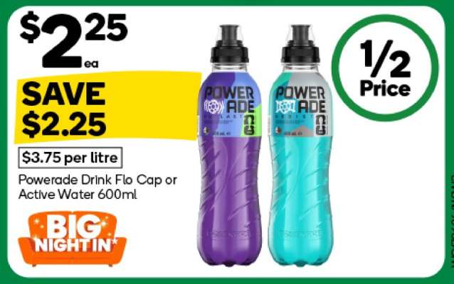 Powerade Drink Flo Cap or Active Water 600ml
