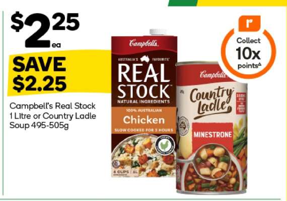 Campbell’s Real Stock 1 Litre or Country Ladle Soup 495-505g