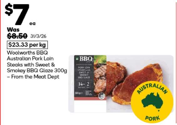 Woolworths BBQ Australian Pork Loin Steaks with Sweet & Smokey BBQ Glaze 300g