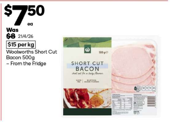Woolworths Short Cut Bacon 500g