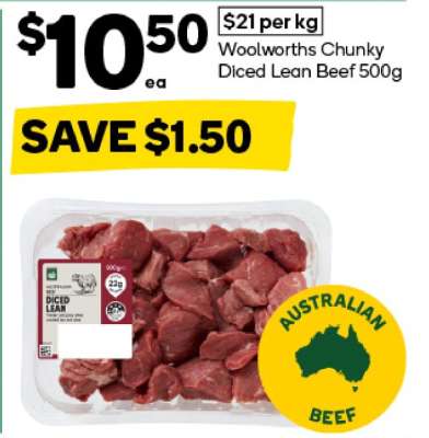 Woolworths Chunky Diced Lean Beef 500g