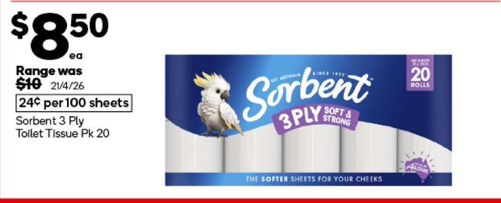 Sorbent 3 Ply Toilet Tissue Pk 20