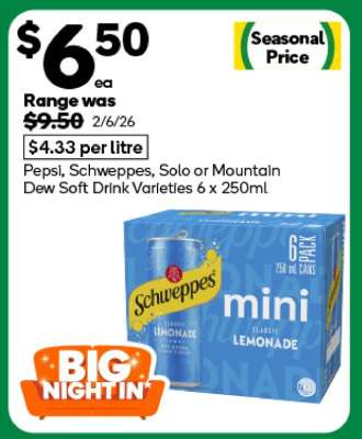 Pepsi, Schweppes, Solo or Mountain Dew Soft Drink Varieties 6 x 250ml