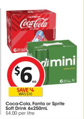 Coca-Cola, Fanta or Sprite Soft Drink 6x250mL