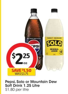 Pepsi, Solo or Mountain Dew Soft Drink 1.25 Litre