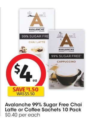 Avalanche 99% Sugar Free Chai Latte or Coffee Sachets 10 Pack