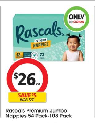 Rascals Premium Jumbo Nappies 54 Pack-108 Pack