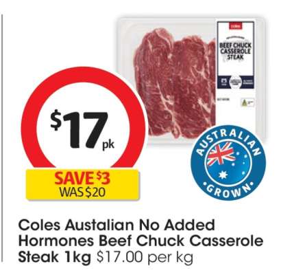 Coles Australian No Added Hormones Beef Chuck Casserole Steak 1kg