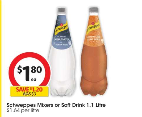 Schweppes Mixers or Soft Drink 1.1 Litre