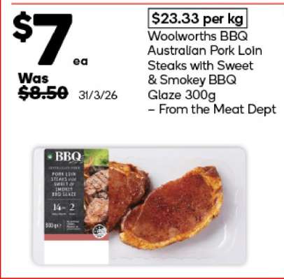 Woolworths BBQ Australian Pork Loin Steaks with Sweet & Smokey BBQ Glaze 300g