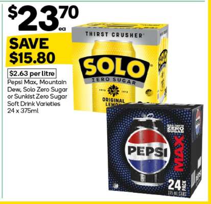 Pepsi Max, Mountain Dew, Solo Zero Sugar or Sunkist Zero Sugar Soft Drink Varieties 24 x 375ml