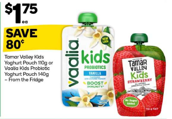 Tamar Valley Kids Yoghurt Pouch 110g or Vaalia Kids Probiotic Yoghurt Pouch 140g