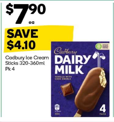Cadbury Ice Cream Sticks 320-360ml Pk 4