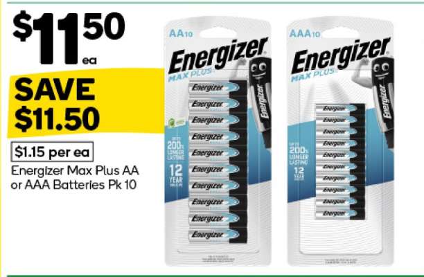 Energizer Max Plus AA or AAA Batteries Pk 10