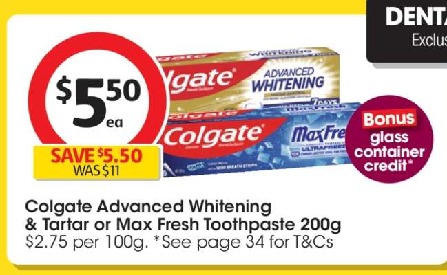 Colgate Advanced Whitening & Tartar or Max Fresh Toothpaste 200g