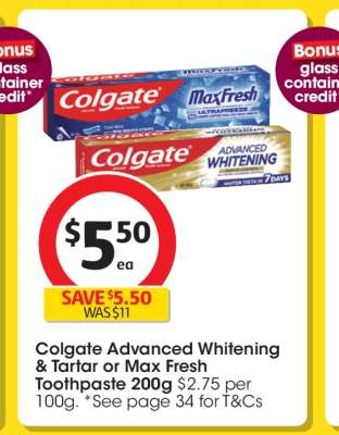 Colgate Advanced Whitening & Tartar or Max Fresh Toothpaste