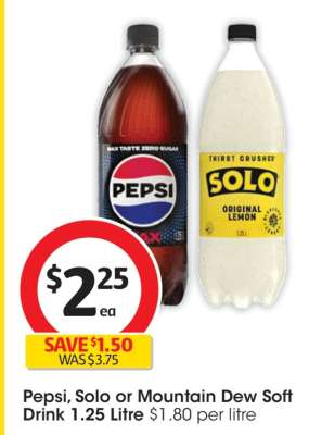Pepsi, Solo or Mountain Dew Soft Drink 1.25 Litre