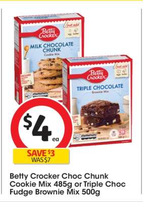 Betty Crocker Choc Chunk Cookie Mix 485g or Triple Choc Fudge Brownie Mix 500g