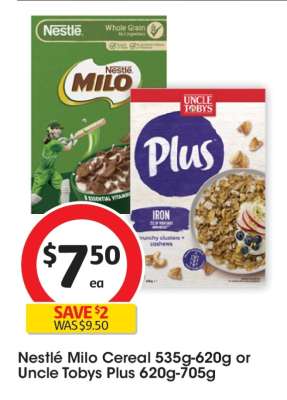Nestlé Milo Cereal 535g-620g or Uncle Tobys Plus 620g-705g