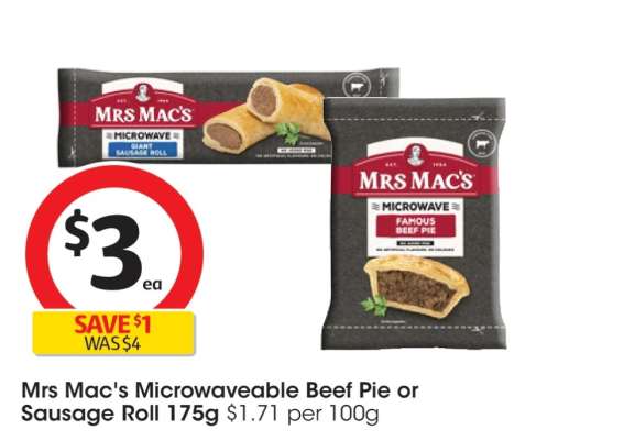 Mrs Mac's Microwaveable Beef Pie or Sausage Roll 175g