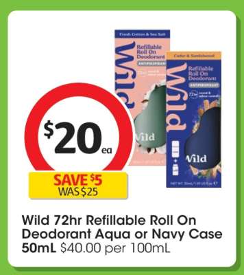 Wild 72hr Refillable Roll On Deodorant Aqua or Navy Case 50mL