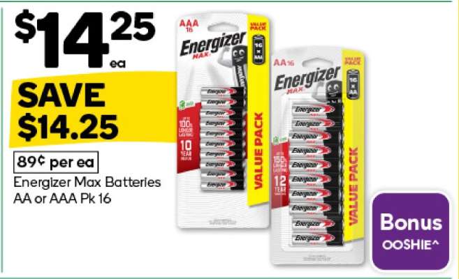 Energizer Max Batteries AA or AAA Pk 16