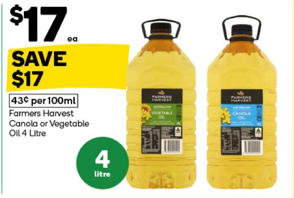 Farmers Harvest Canola or Vegetable Oil 4 Litre