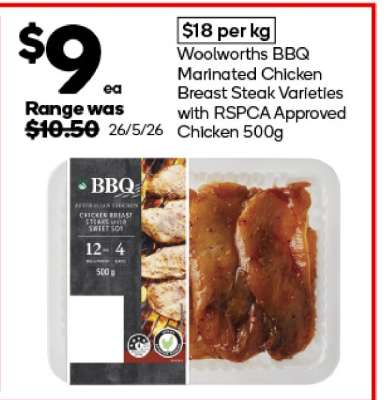 Woolworths BBQ Marinated Chicken Breast Steak Varieties with RSPCA Approved Chicken 500g
