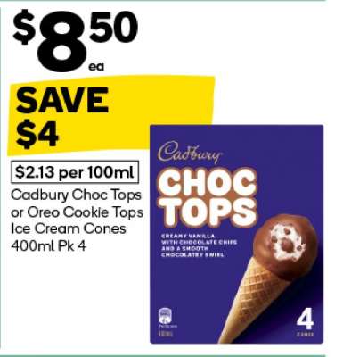 Cadbury Choc Tops or Oreo Cookie Tops Ice Cream Cones 400ml Pk 4