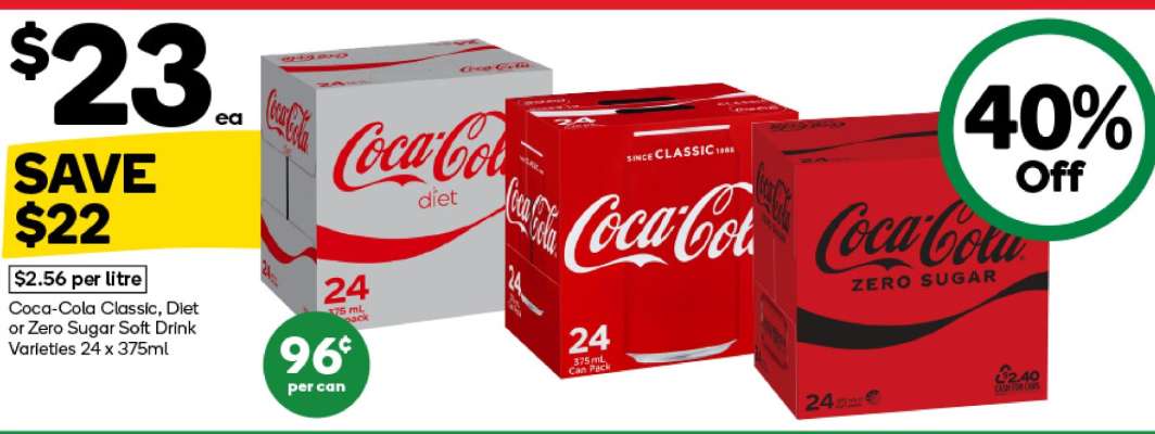 Coca-Cola Classic, Diet or Zero Sugar Soft Drink Varieties 24 x 375ml