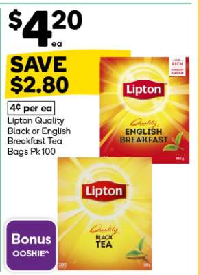 Lipton Quality Black or English Breakfast Tea Bags Pk100