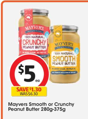 Mayvers Smooth or Crunchy Peanut Butter 280g-375g