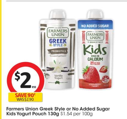 Farmers Union Greek Style or No Added Sugar Kids Yogurt Pouch 130g