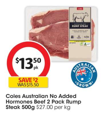 Coles Australian No Added Hormones Beef 2 Pack Rump Steak 500g
