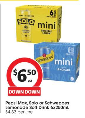 Pepsi Max, Solo or Schweppes Lemonade Soft Drink 6x250mL