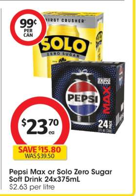 Pepsi Max or Solo Zero Sugar Soft Drink 24x375mL